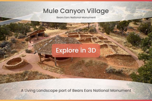 Aerial view of Mule Canyon Village ruins with stone foundations and wooden shelters surrounded by desert vegetation in Bears Ears National Monument.