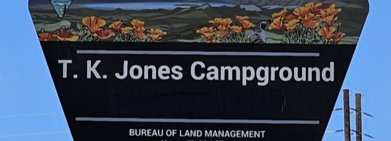 A trapezoid-shaped sign displays a landscape banner with flowers in the foreground and a lake in the background. Centered text below the banner reads “T.K. Jones Campground.” Along the bottom of the sign are two lines of text: “Bureau of Land Management” and “Yuma Field Office.”