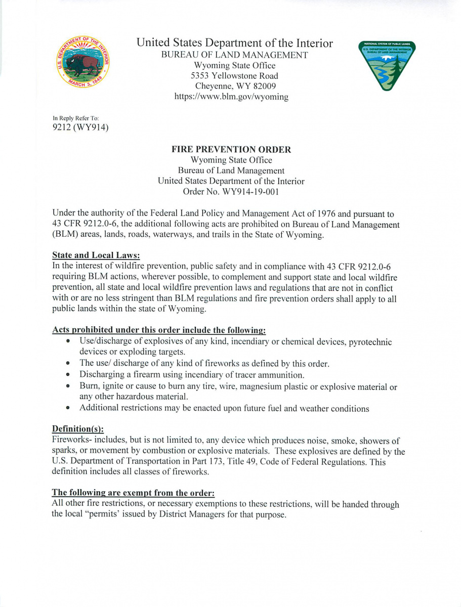 BLM Wyoming Fire Prevention Order 2019