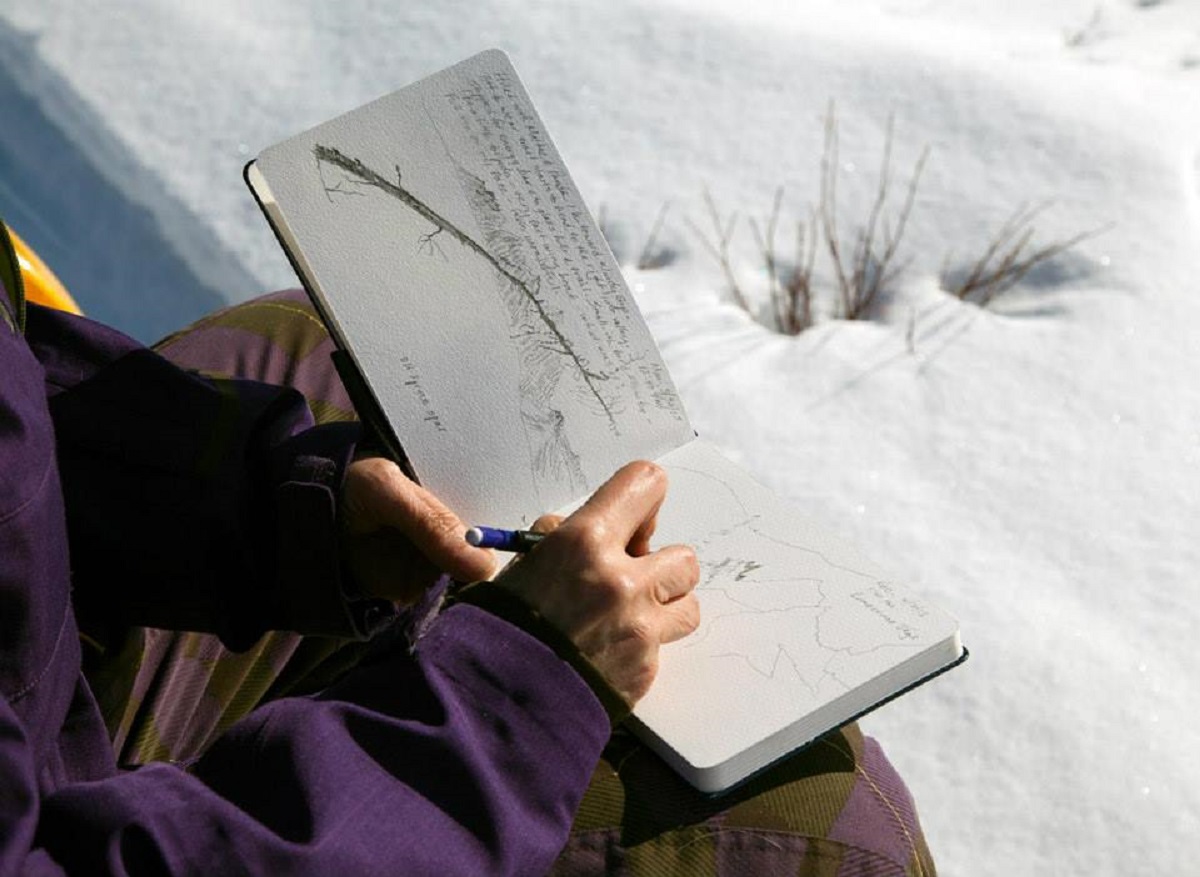 Artist sitting on snowmachine in winter gear, looking at mountains, and sketching.