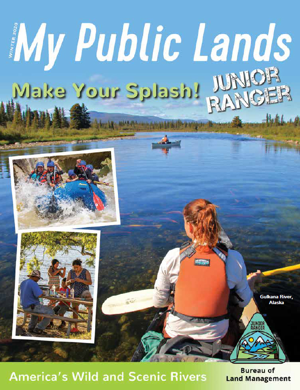 Make Your Splash Junior Ranger magazine cover showing a young woman canoeing on the Gulkana Wild and Scenic River in Alaska