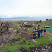 Sierra Club volunteers and BLM staff construct a buck rail fence at the Goshute Creek Campground north of Ely, Nevada.