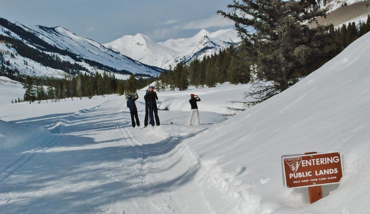 several people skiing on groomed trail