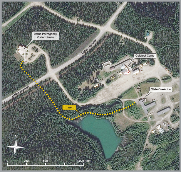Location map of the Arctic Interagency Visitor Center in proximity to the Dalton Hiway and other businesses across the highway. Shows the route of  the new walking trail between the two areas of facilities as well.