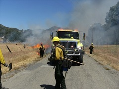 A fire crew battles a brush fire. BLM Photo