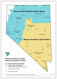 Map of Nevada showing the boundaries of the Sierra Front-Northern Great Basin and the Mojave-Southern Great Basin Resource Advisory Councils