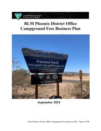 Cover of the Public Room_Arizona_Phoenix District Office Campgrounds Draft Recreation Business Plan with a photo of a BLM sign on it.