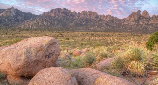 The steep, angular mountain range against a clear blue sky at Organ Mountains-Desert Peaks National Monument.