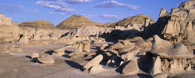 The weathered sandstone hoodoos of the Bisti Badlands against a blue sky.