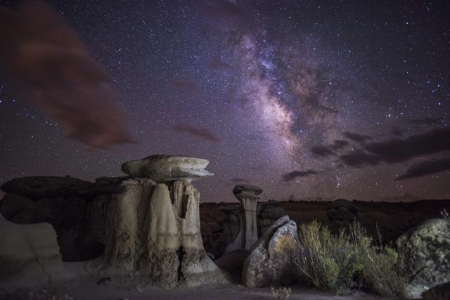 HooDoos under the Milky Way in the Ah-Shi-Sle-Pah Wilderness south of Farmington. The stars litter the sky.