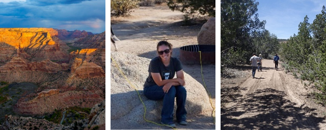 Mountains and canyons with a river flowing through at the Wedge Overlook.   A smiling woman sits on a desert rock with a dog in the background. Beyond the cubicle: Site Inspection within the Price Field Office Boundaries. 