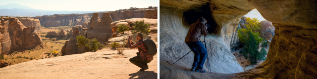 Two images of people taking photos and videos on a desert landscape and arch. 