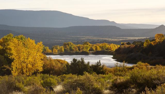 The Green River winding through the landscape of mountain ranges and trees with leaves changing colors in autumn. 