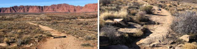 Pre-project photo of the Tempi’po’op Trail in Santa Clara, Utah, as it winds through the Red Rock Cliffs. The Tempi’po’op Trail in Santa Clara, Utah, has sustained damage from drainage problems and washouts from heavy rain. 