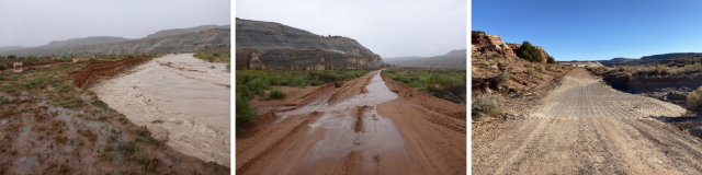 #1-Paria River cutting near White House Road – too close for comfort. #2-Flooding on White House Road. #3-Low-water crossing at White House Road.