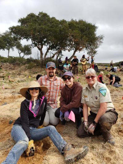 e a month. These hikes are an extension of the Junior Ranger program that is offered in school.  2020 - The students and teachers are also invited to participate in native planting events at Fort Ord. Pictured are Blanca Pauda, Dani Banionis and her husband attending a planting event. Blanca (now retired) and Dani are 4th grade teachers at Bardin Elementary school. 