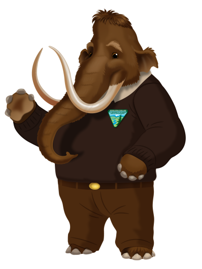 Cartoon Woolly Mammoth Field Agent, wearing a brown BLM uniform