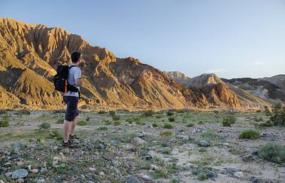 A person stands looking our over a desert landscape.