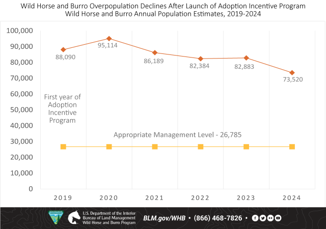 Figure showing a downward trend for annual wild horse and burro population estimates, 2019-2024.