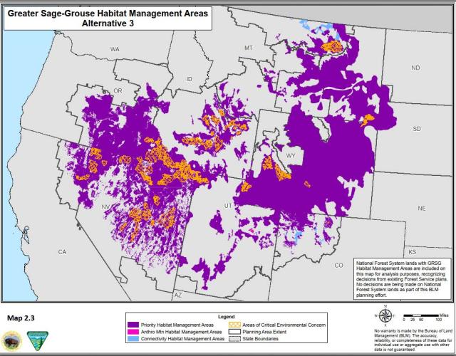 a map showing sage-grouse habitat proposed as ACEC in alternative 3
