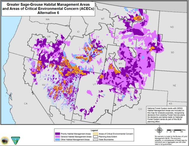 a map showing sage-grouse habitat and ACEC nominations under DEIS alternative 6