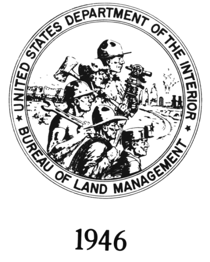 Image shows a round logo with five men holding tools depicting various functions of the BLM, including mining and livestock grazing management and cadastral survey. 