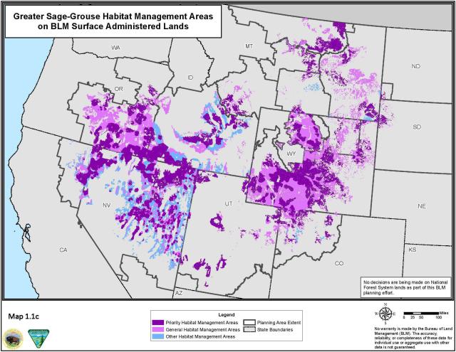 a map showing greater sage-grouse habitat management areas designated on BLM-managed lands in 10 states