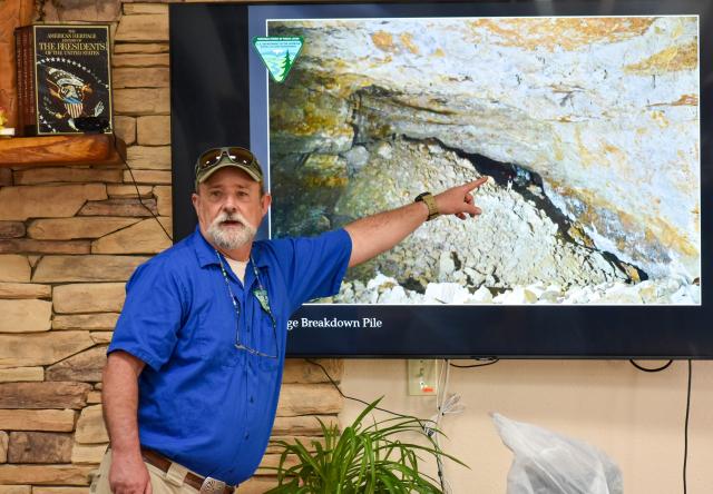 Knutt Peterson, a cave specialist with the Bureau of Land Management Roswell Field Office, gives a talk about Fort Stanton Cave at the Capitan Public Library, Capitan, N.M., May 4, during the village’s Smokey Bear Days.