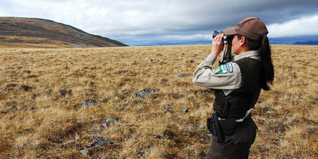 This photo shows a person in uniform looking through binoculars. She is standing on sparsely vegetated land with a hill in the background and gray clouds overhead.