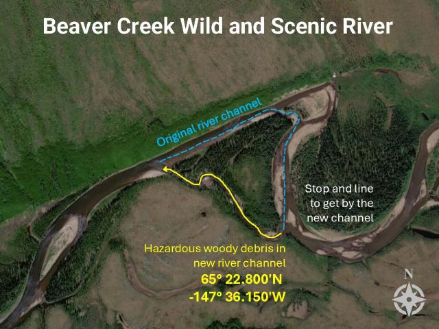 Satellite image of hazardous new channel on Beaver Creek Wild and Scenic River. 