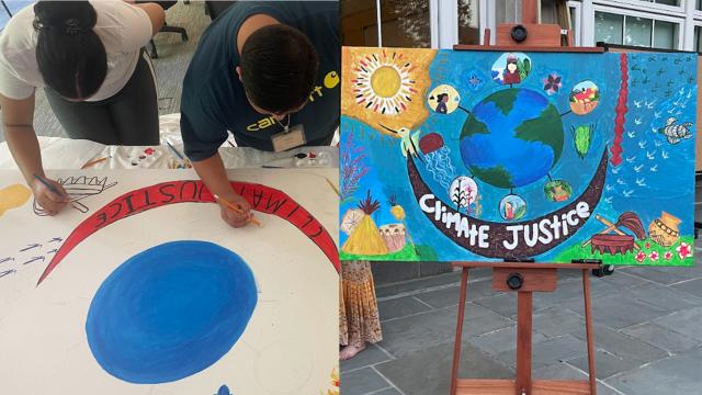 Students made a colorful climate justice mural. On the left, two students paint the mural. On the right, the finished mural is sitting on an easel. 