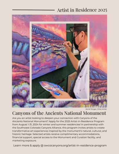 Poster advertising the 2025 Artist-in-Residence Program at Canyons of the Ancients NM