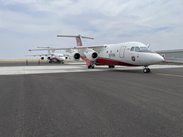 Large Airtankers arrive for the first time at the Casper Airtanker Base before delivering retardant to the Oregon Trail Fire west of Casper. 