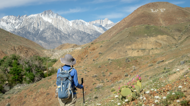 A person in hiking gear looks out over hills and mountains