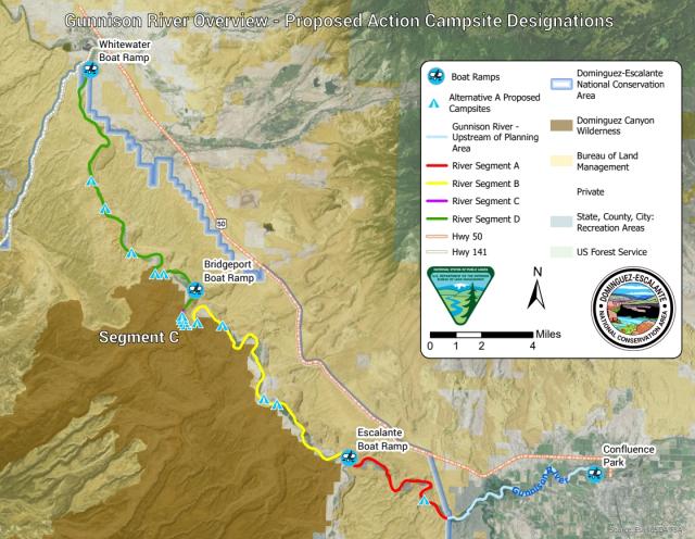 Map of proposed campsites along a portion of the Gunnison River in the Dominguez-Escalante National Conservation Area in Colorado