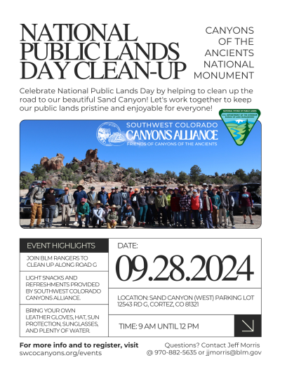 Flyer promoting the NPLD roadside cleanup at Sand Canyons in Canyons of the Ancients NM