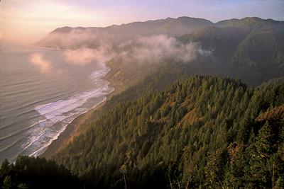 A morning mist over a coastal mountain range. Pacific Ocean in the background.