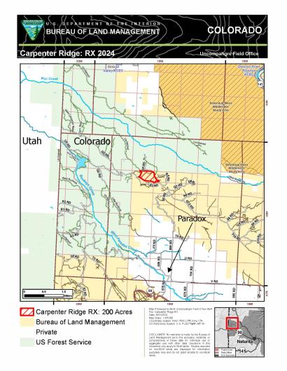 Map showing the Carpenter Ridge project area planned for fall 2024 prescribed fire treatments,