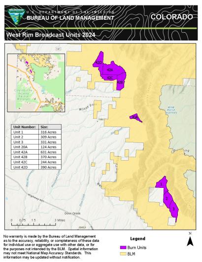 Map showing the West Dolores Rim prescribed fire units planned for treatment in Fall 2024.