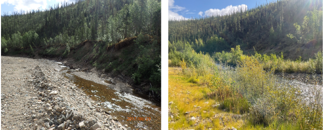 Before and after photos of Wade Creek in Alaska.