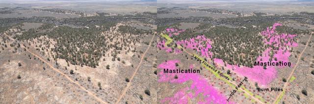 An aerial view of the project area after treatment — intact forest cores, feathered forest edges, and intact sage flats.