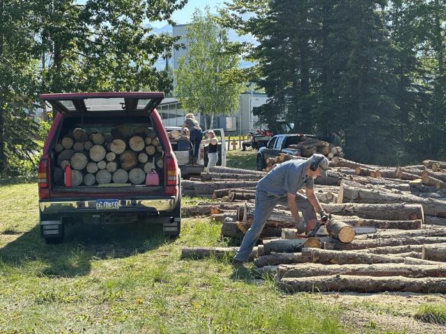 Man in tshirt and jeans chainsaws a log next to a vehicle packed with cut wood