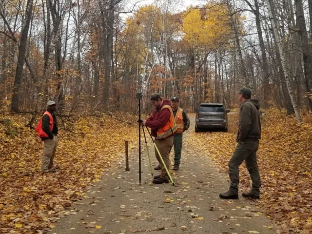 A team of surveyors works along a road in a forest.