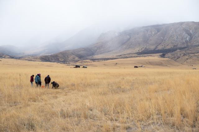 A cluster of people in the distance look at the ground. One of them is kneeling. Foggy mountains in the far distance.