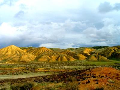 Yellow and green hills under an overcast sky.