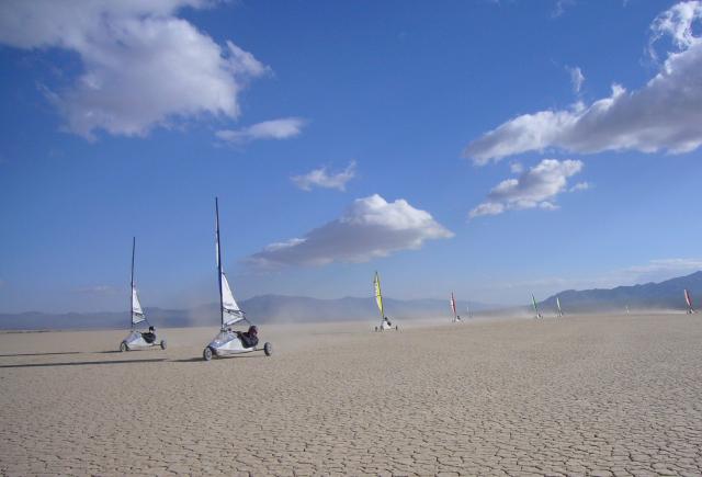 Wind sailors on a dry lakebed 