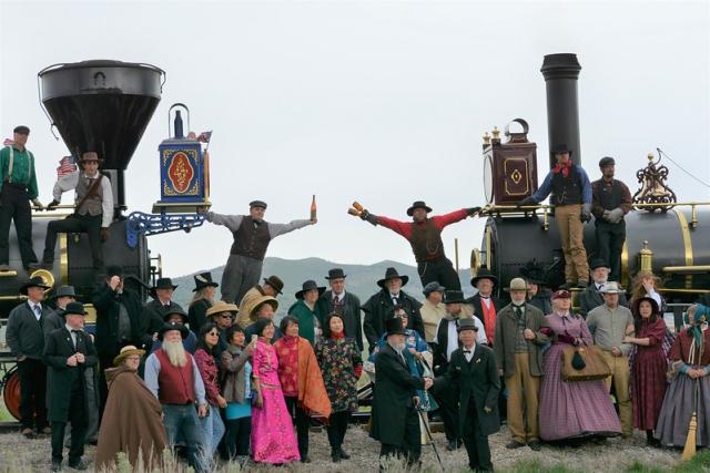 Re-enactors pose during an annual Transcontinental Railroad celebration.