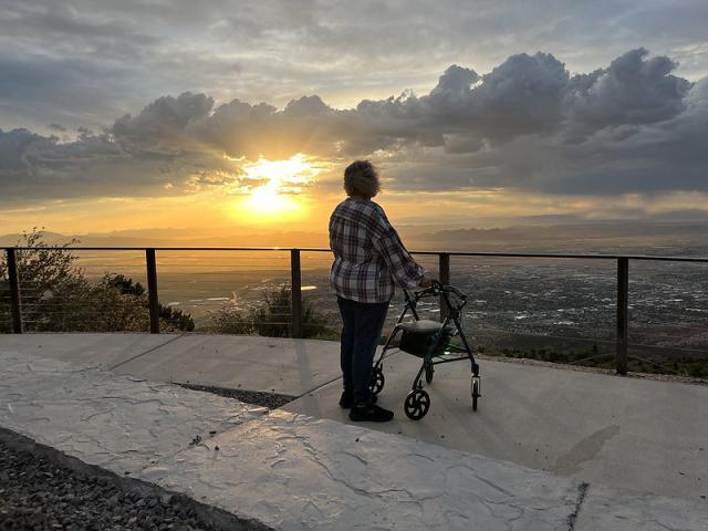 A person with a walker overlooking a city at sunset.