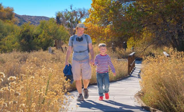 A father and son walk the board walk at Morongo Canyon
