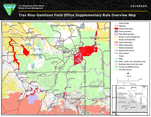 Map showing areas (in red) of the BLM Tres Rios and Gunnison field offices where the supplementary rule will apply.